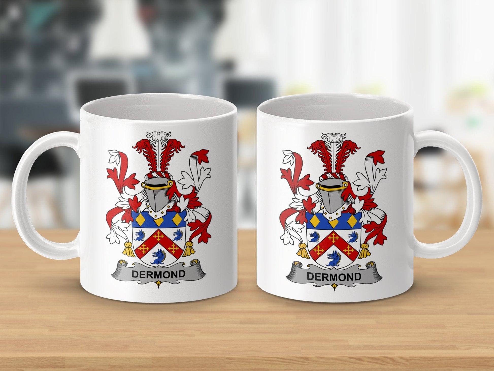 Physical Item 11oz / White Dermond Surname Irish Heraldry Ceramic Mug