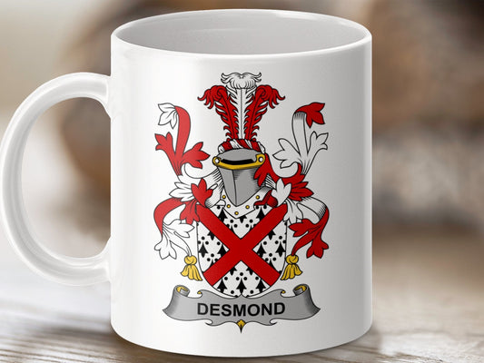 Physical Item 11oz / White Desmond Surname Irish Heraldry Ceramic Mug