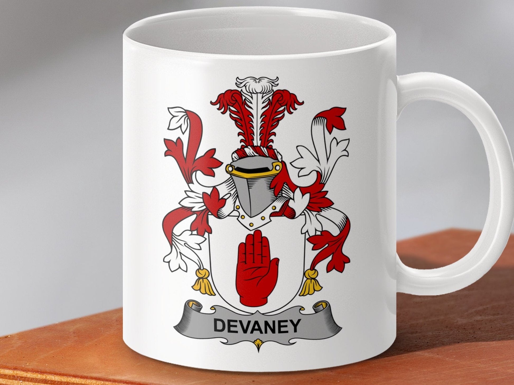 Physical Item 11oz / White Devaney Surname Irish Heraldry Ceramic Mug