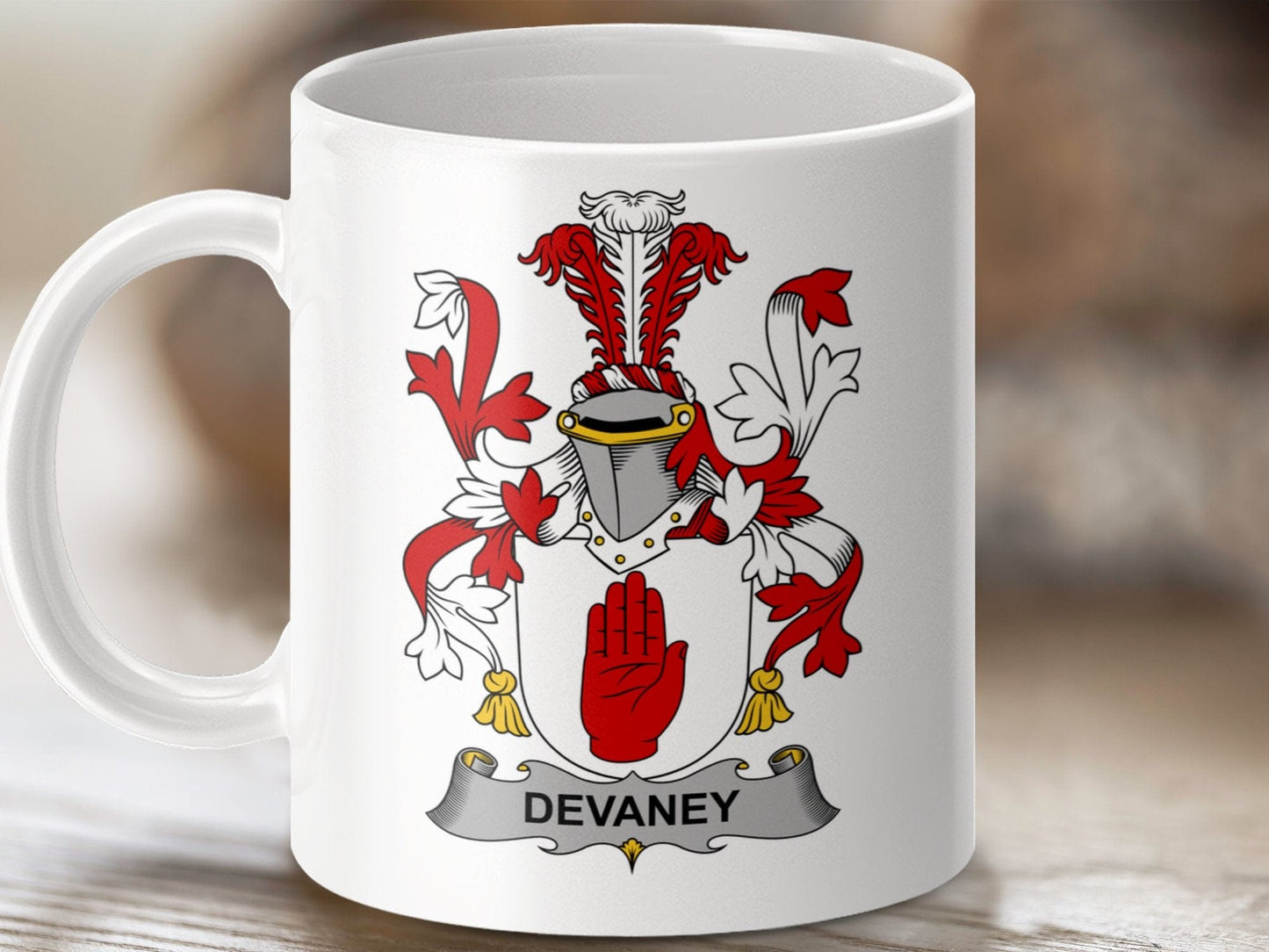 Physical Item 11oz / White Devaney Surname Irish Heraldry Ceramic Mug