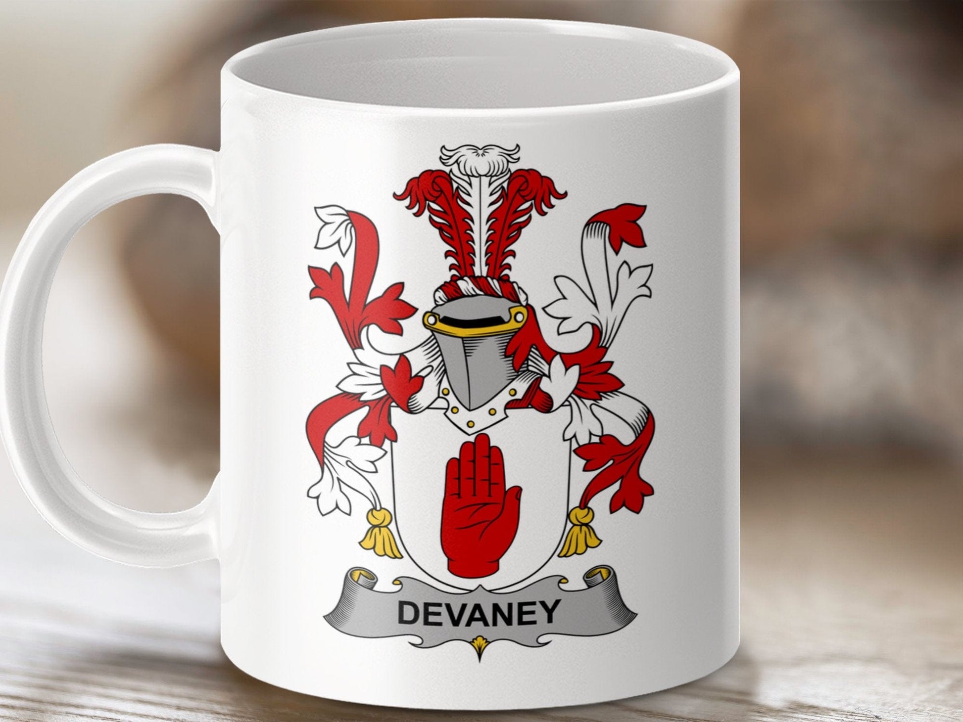 Physical Item 11oz / White Devaney Surname Irish Heraldry Ceramic Mug