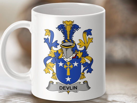 Physical Item 11oz / White Devlin Surname Irish Heraldry Ceramic Mug