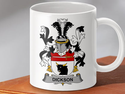 Physical Item 11oz / White Dickson Surname Irish Heraldry Ceramic Mug