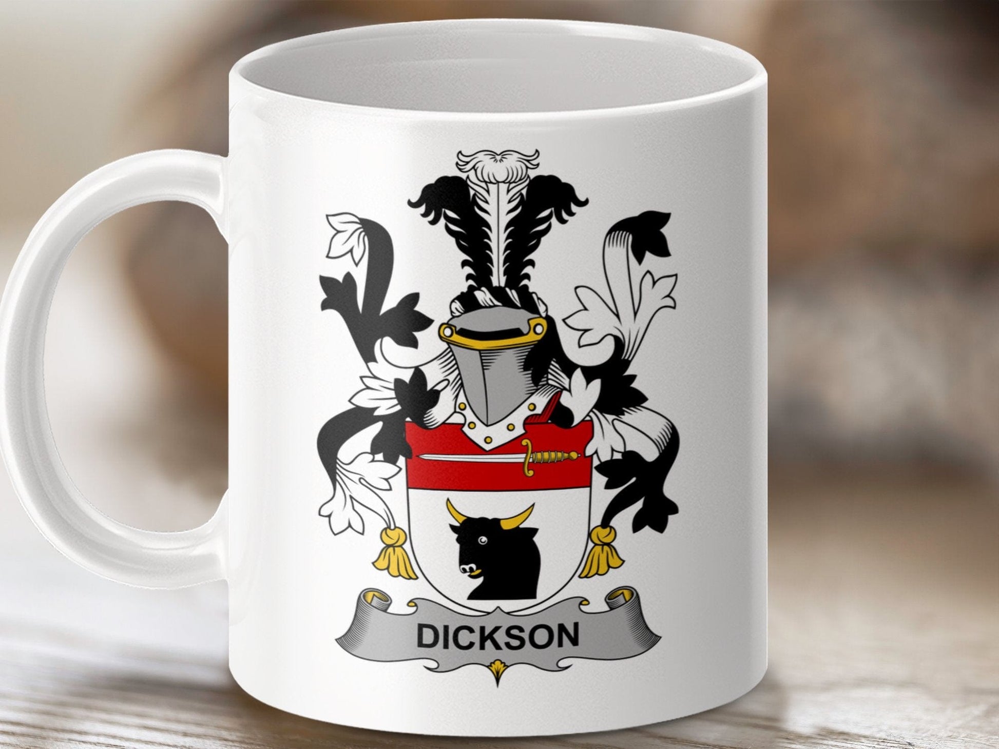 Physical Item 11oz / White Dickson Surname Irish Heraldry Ceramic Mug