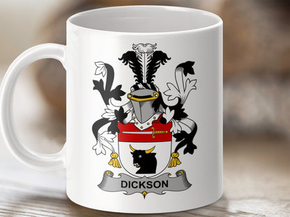 Physical Item 11oz / White Dickson Surname Irish Heraldry Ceramic Mug