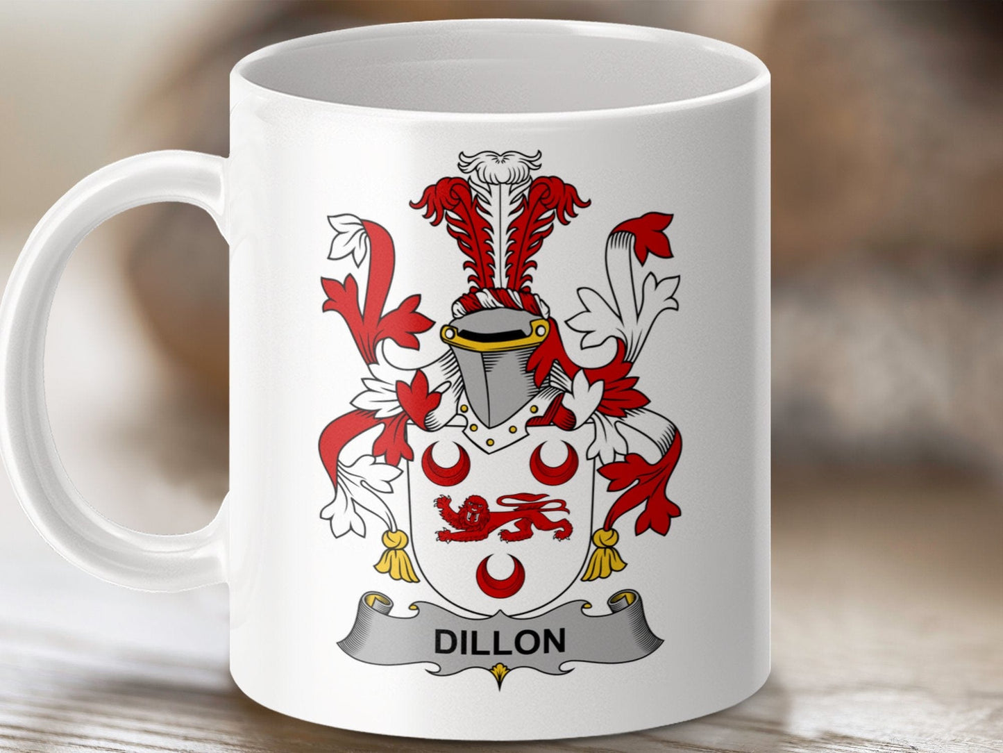 Physical Item 11oz / White Dillon Surname Irish Heraldry Coat of Arms Mug