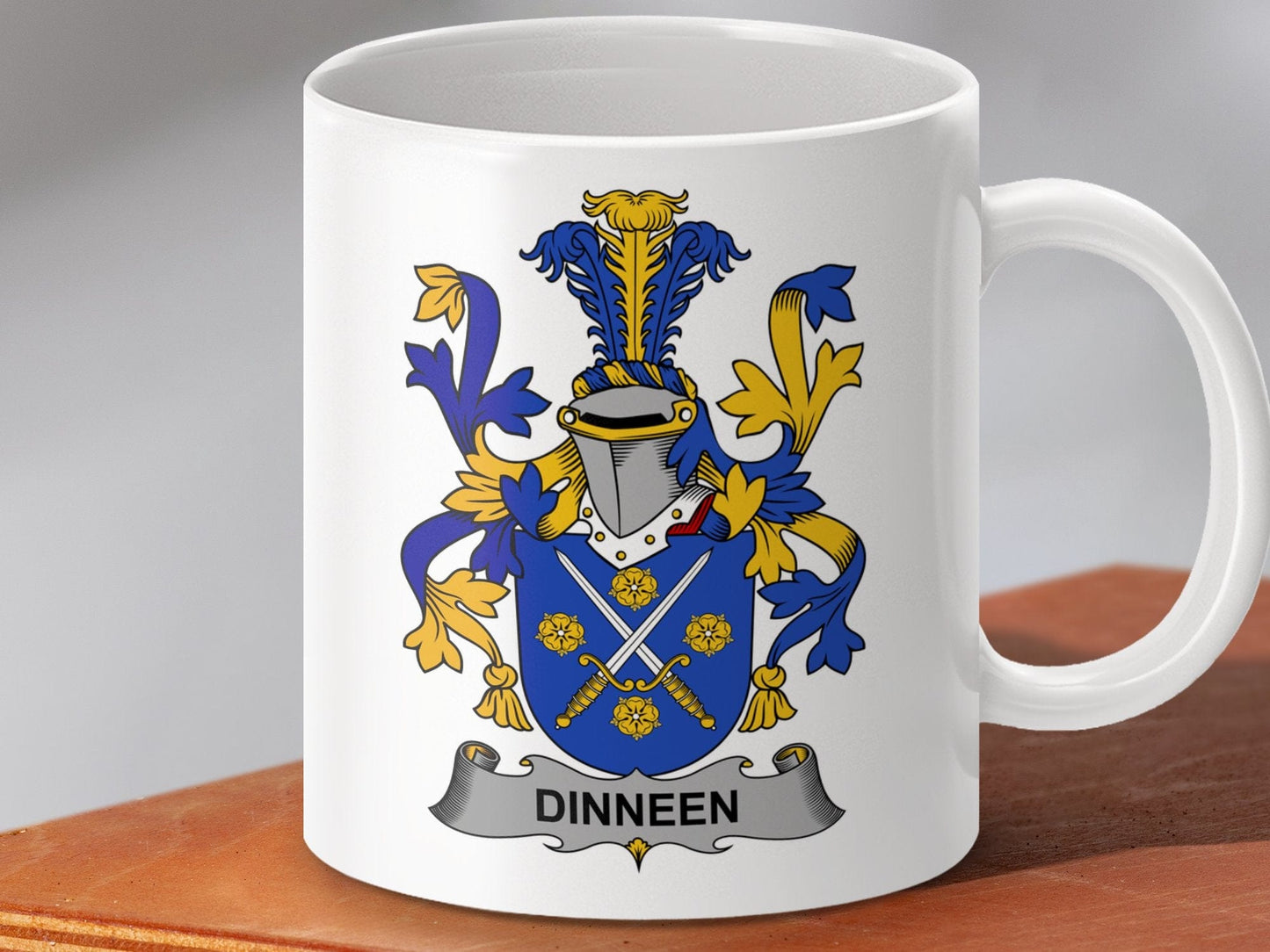 Physical Item 11oz / White Dinneen Surname Irish Heraldry Ceramic Mug