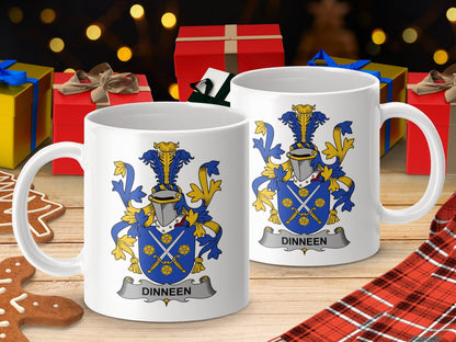 Physical Item 11oz / White Dinneen Surname Irish Heraldry Ceramic Mug