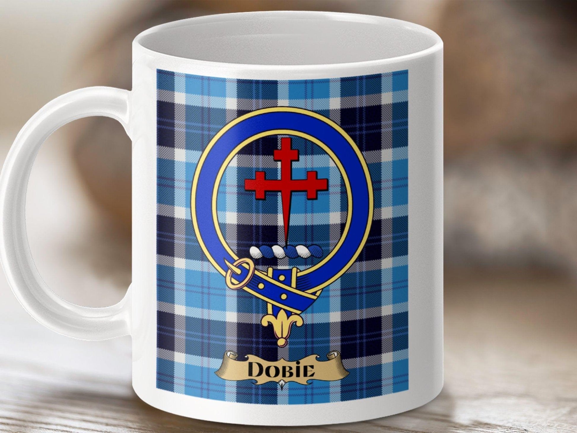 Physical Item 11oz / White Dobie Clan Scottish Tartan Crest Mug
