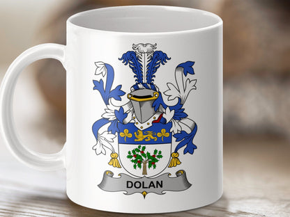 Physical Item 11oz / White Dolan Surname Irish Heraldry Ceramic Mug