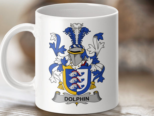 Physical Item 11oz / White Dolphin Surname Irish Heraldry Ceramic Mug