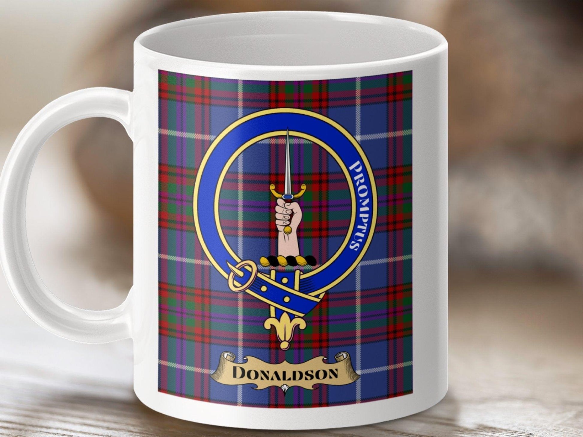 Physical Item 11oz / White Donaldson Clan Scottish Tartan Crest Mug