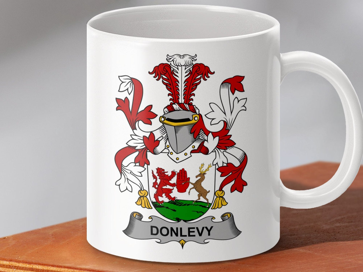 Physical Item 11oz / White Donlevy Surname Irish Heraldry Ceramic Mug