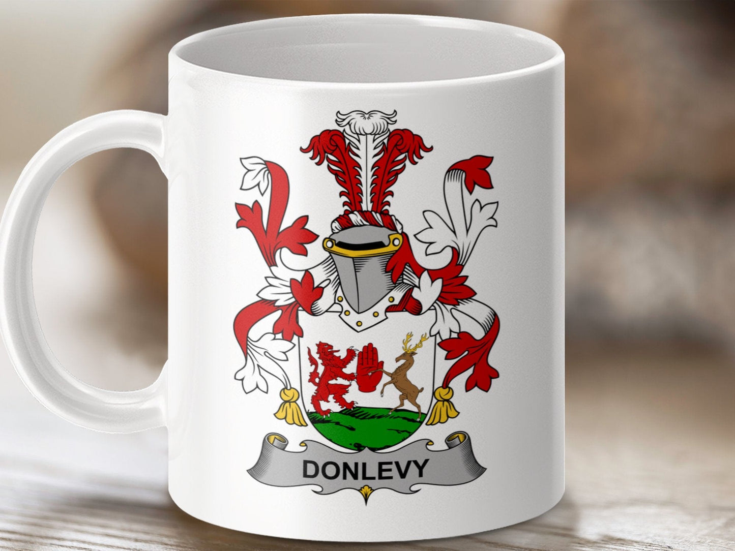 Physical Item 11oz / White Donlevy Surname Irish Heraldry Ceramic Mug