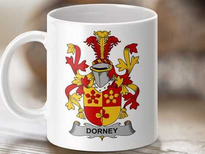 Physical Item 11oz / White Dorney Surname Irish Heraldry Ceramic Mug