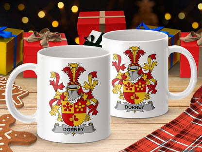 Physical Item 11oz / White Dorney Surname Irish Heraldry Ceramic Mug