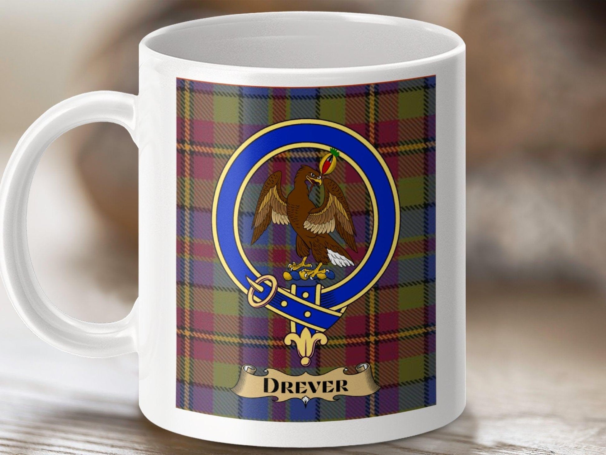 Physical Item 11oz / White Drever Clan Scottish Tartan Crest Mug