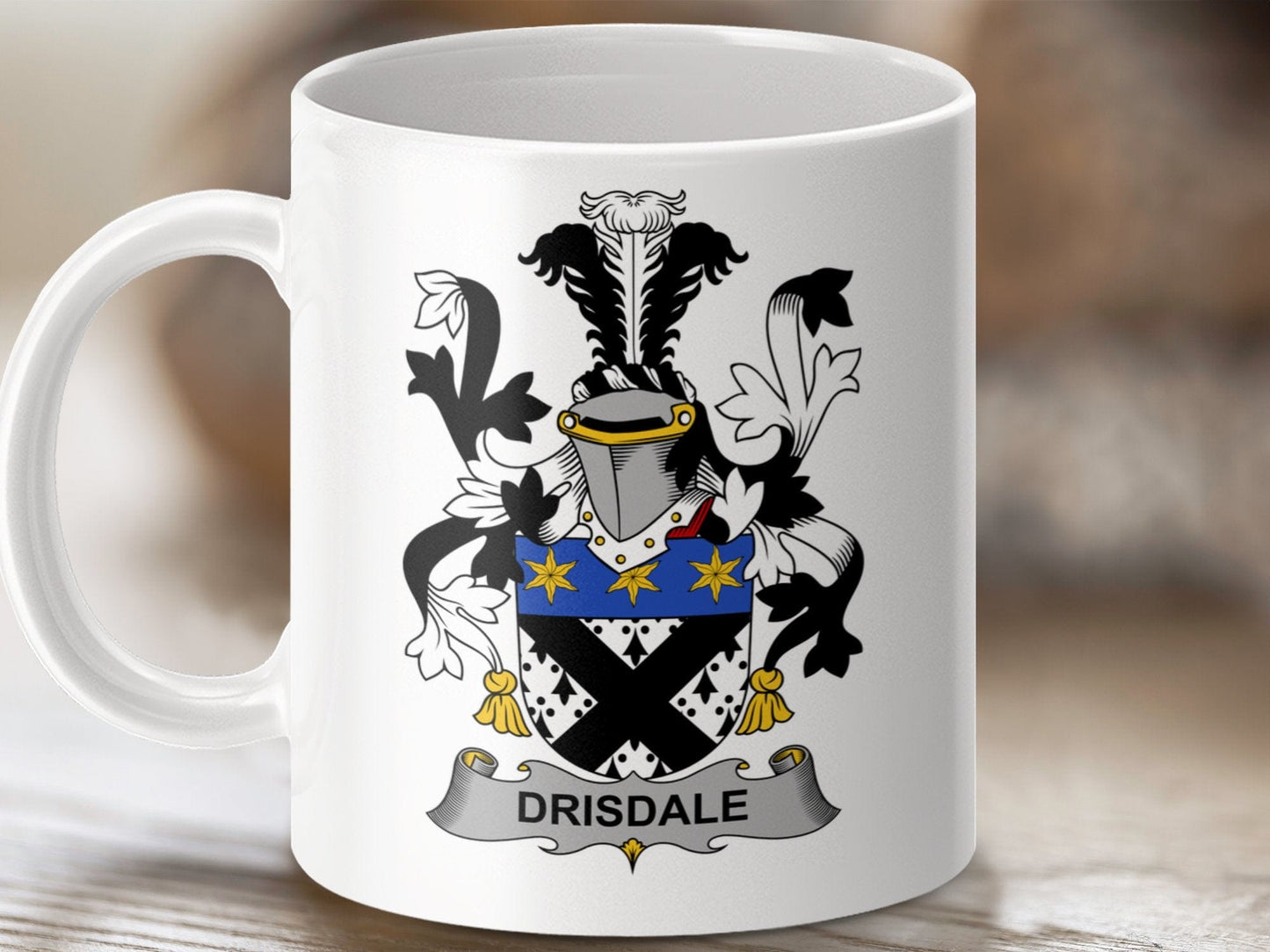 Physical Item 11oz / White Drisdale Surname Irish Heraldry Ceramic Mug