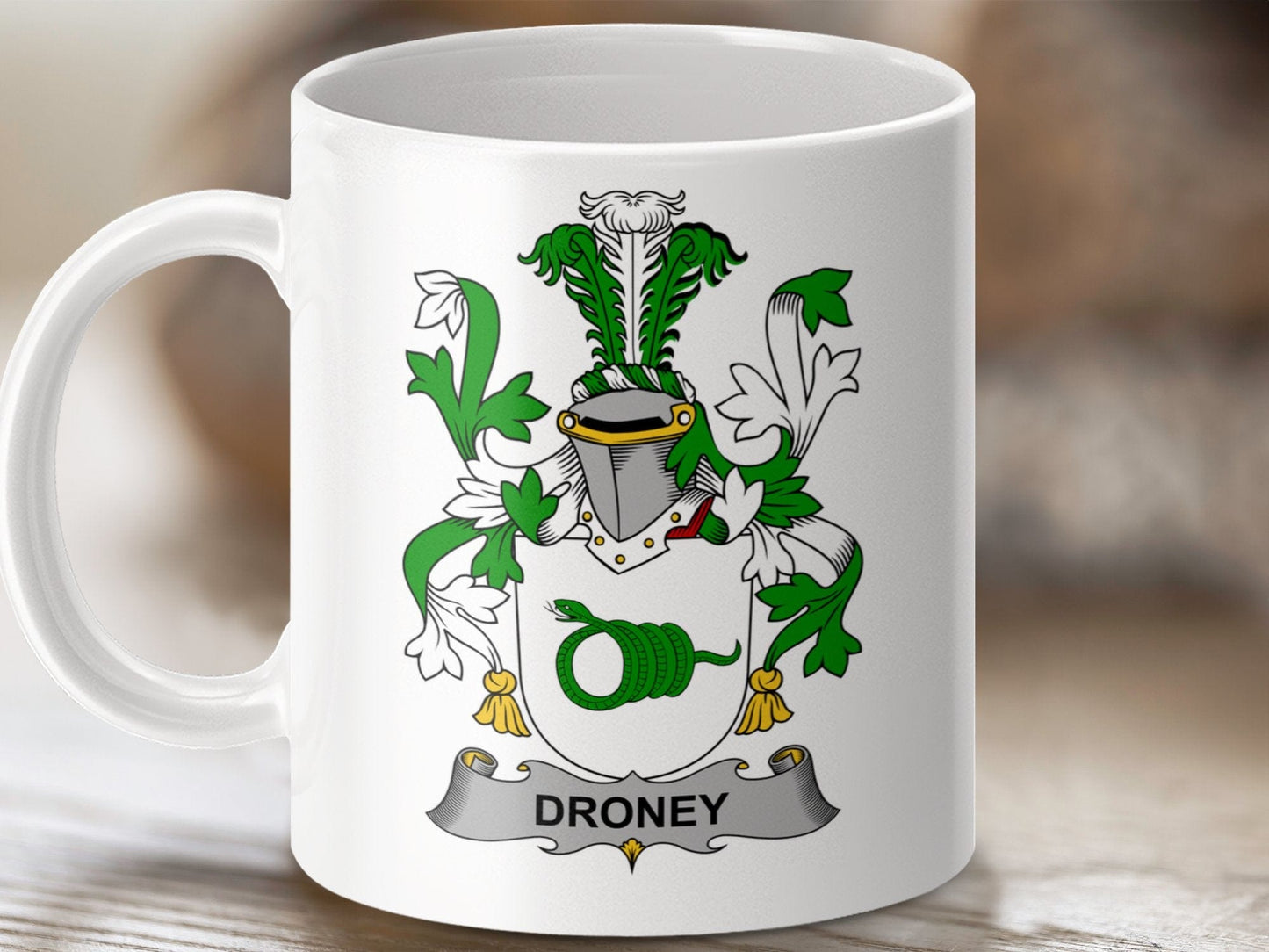 Physical Item 11oz / White Droney Surname Irish Heraldry Ceramic Mug