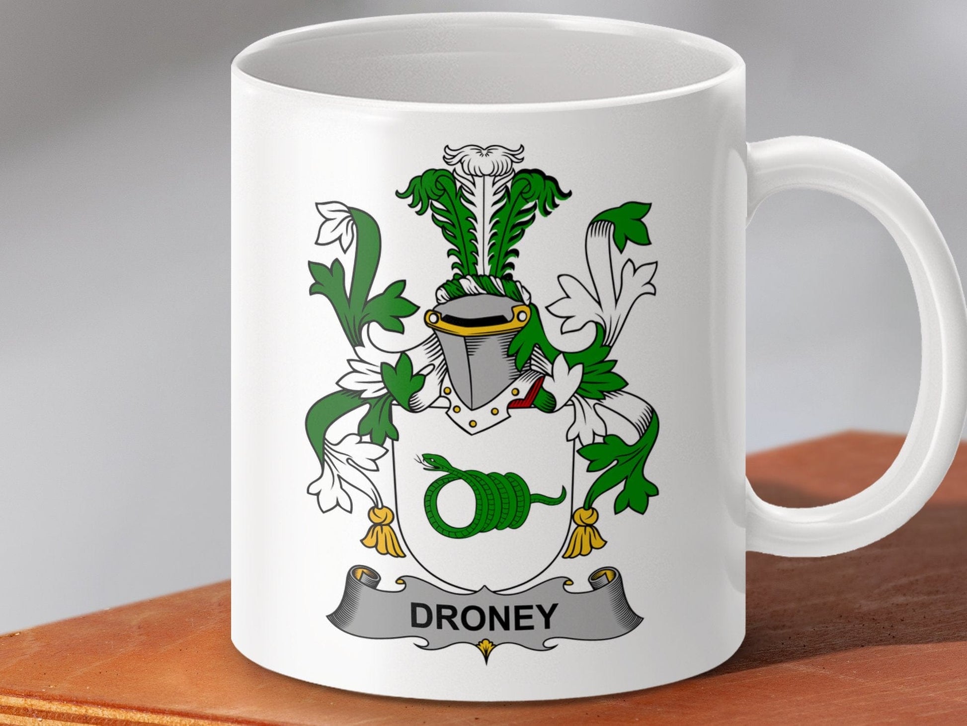 Physical Item 11oz / White Droney Surname Irish Heraldry Ceramic Mug