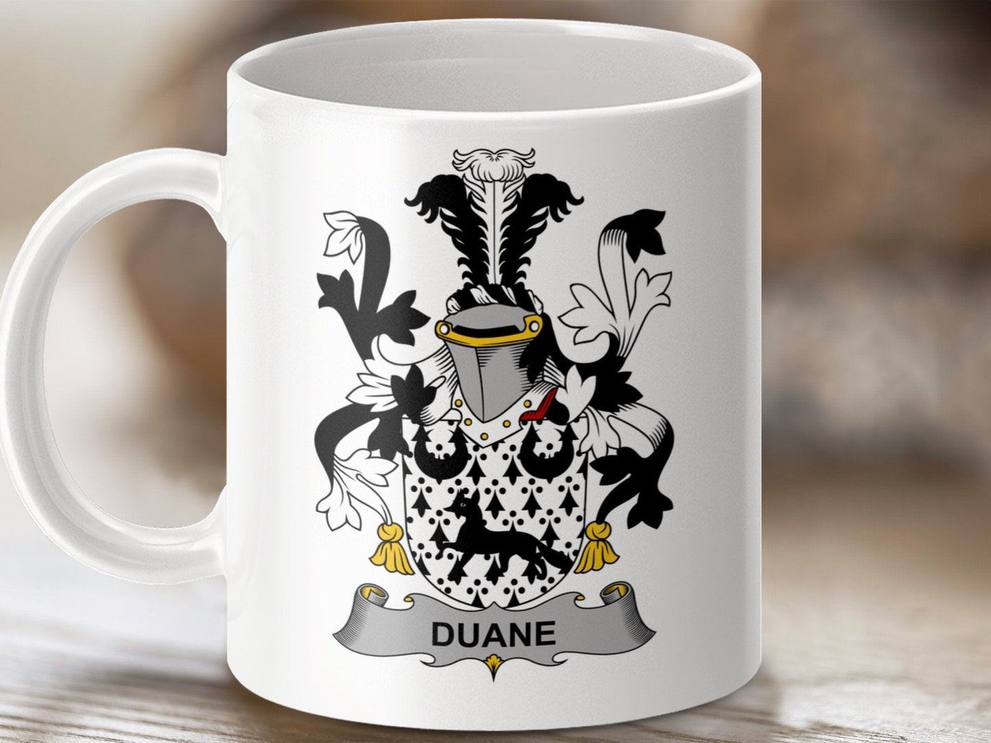 Physical Item 11oz / White Duane Surname Irish Heraldry Family Crest Mug