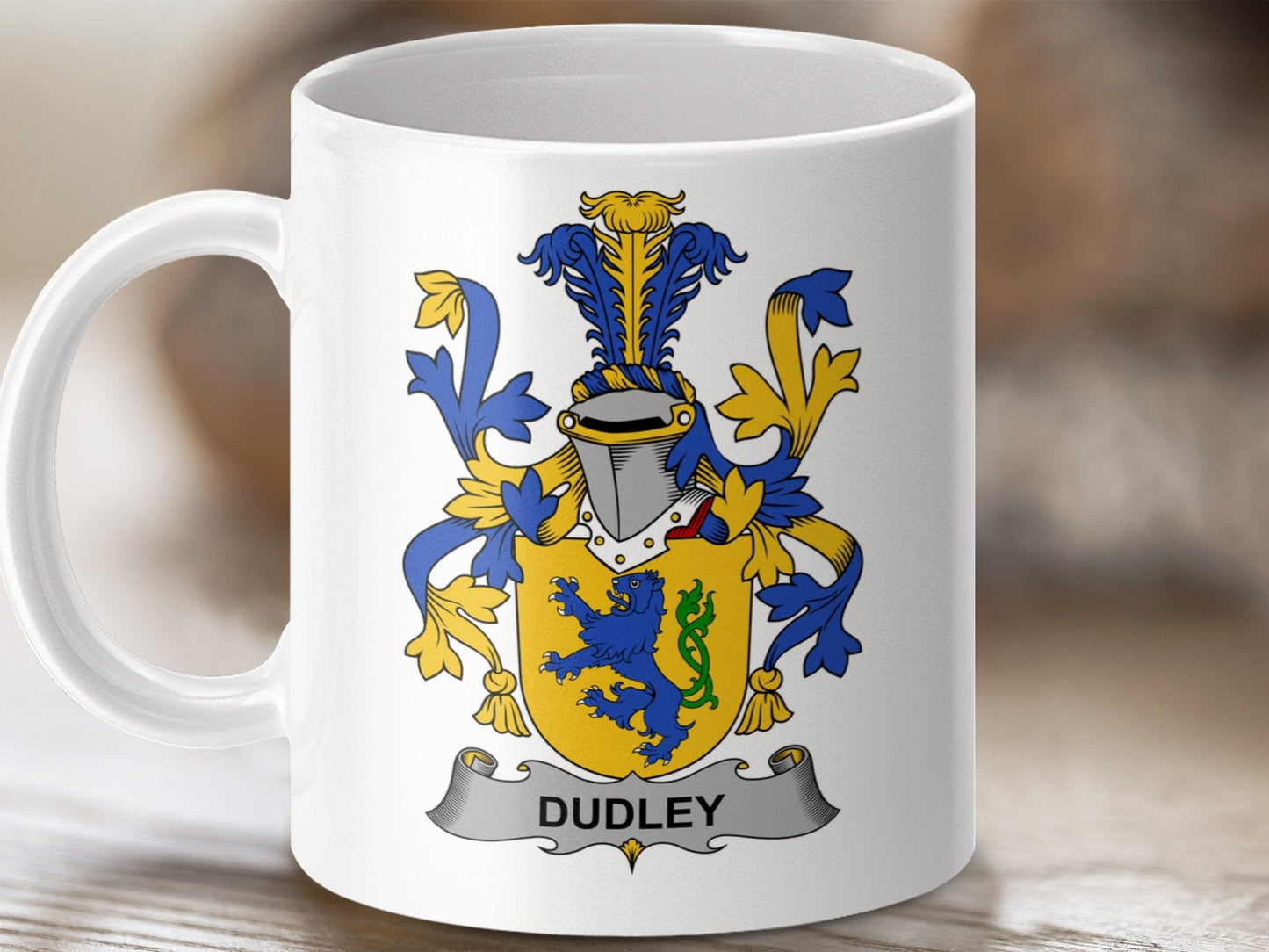 Physical Item 11oz / White Dudley Surname Irish Heraldry Ceramic Mug