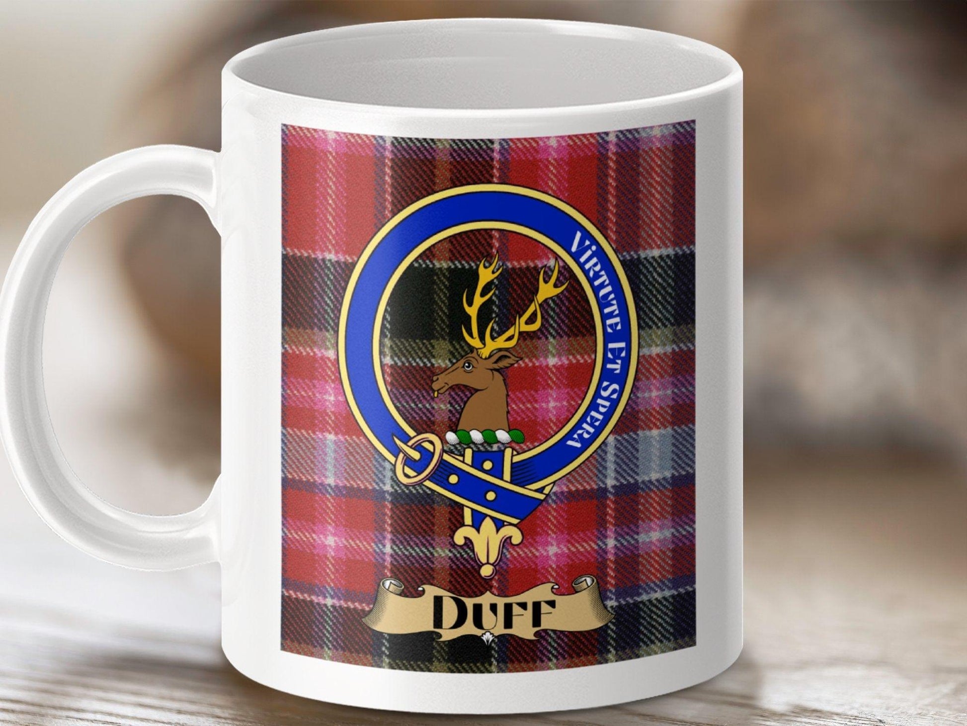 Physical Item 11oz / White Duff Clan Scottish Tartan Crest Mug