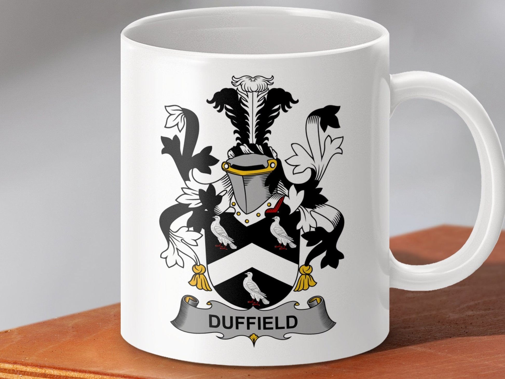 Physical Item 11oz / White Duffield Surname Irish Heraldry Ceramic Mug