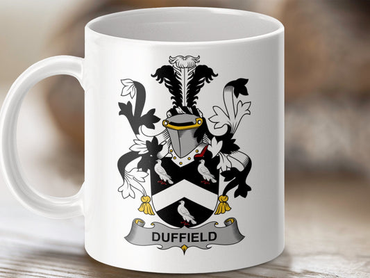 Physical Item 11oz / White Duffield Surname Irish Heraldry Ceramic Mug