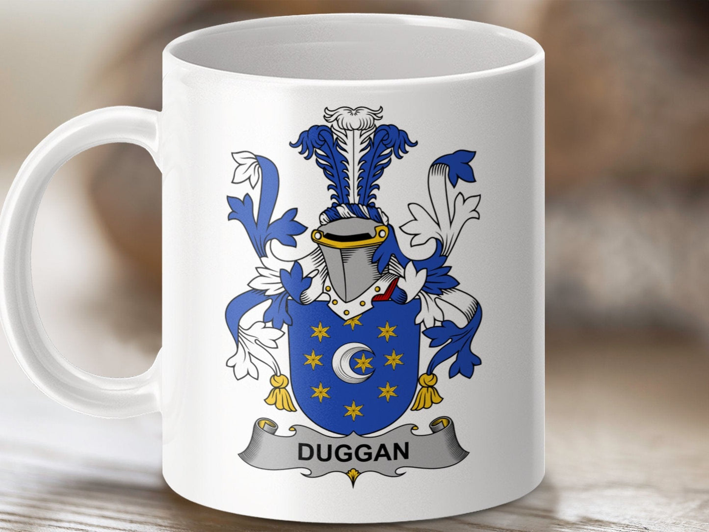 Physical Item 11oz / White Duggan Surname Irish Heraldry Ceramic Mug