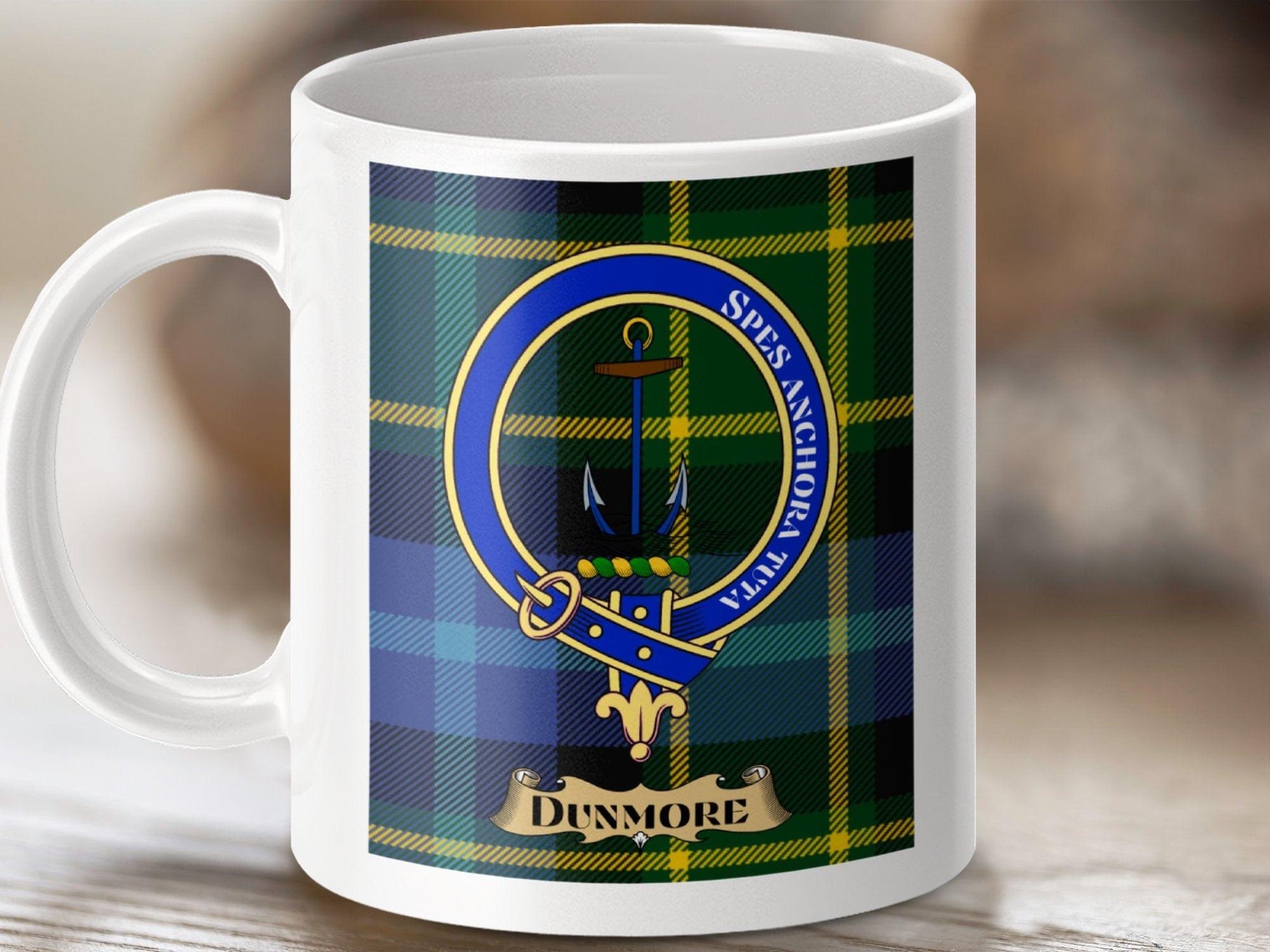 Physical Item 11oz / White Dunmore Clan Scottish Tartan Crest Mug