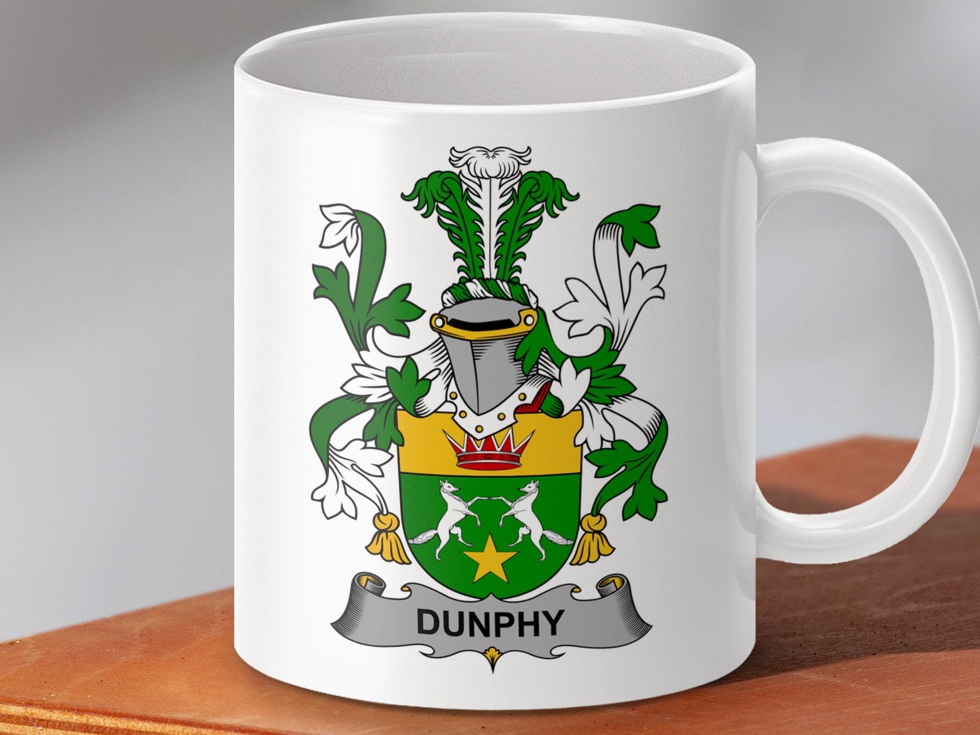 Physical Item 11oz / White Dunphy Surname Irish Heraldry Ceramic Mug