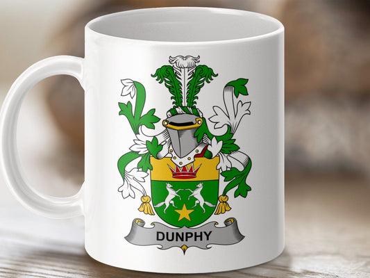 Physical Item 11oz / White Dunphy Surname Irish Heraldry Ceramic Mug