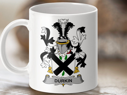 Physical Item 11oz / White Durkin Surname Irish Heraldry Ceramic Mug