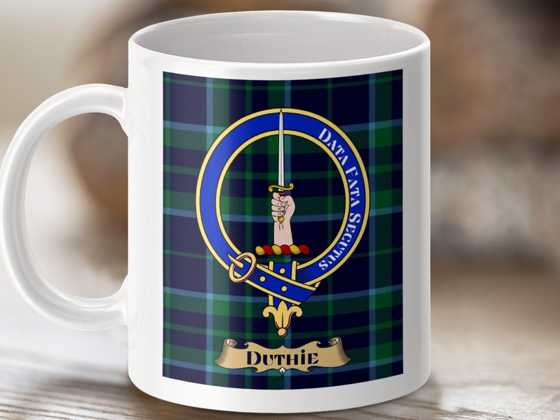 Physical Item 11oz / White Duthie Clan Scottish Tartan Crest Mug