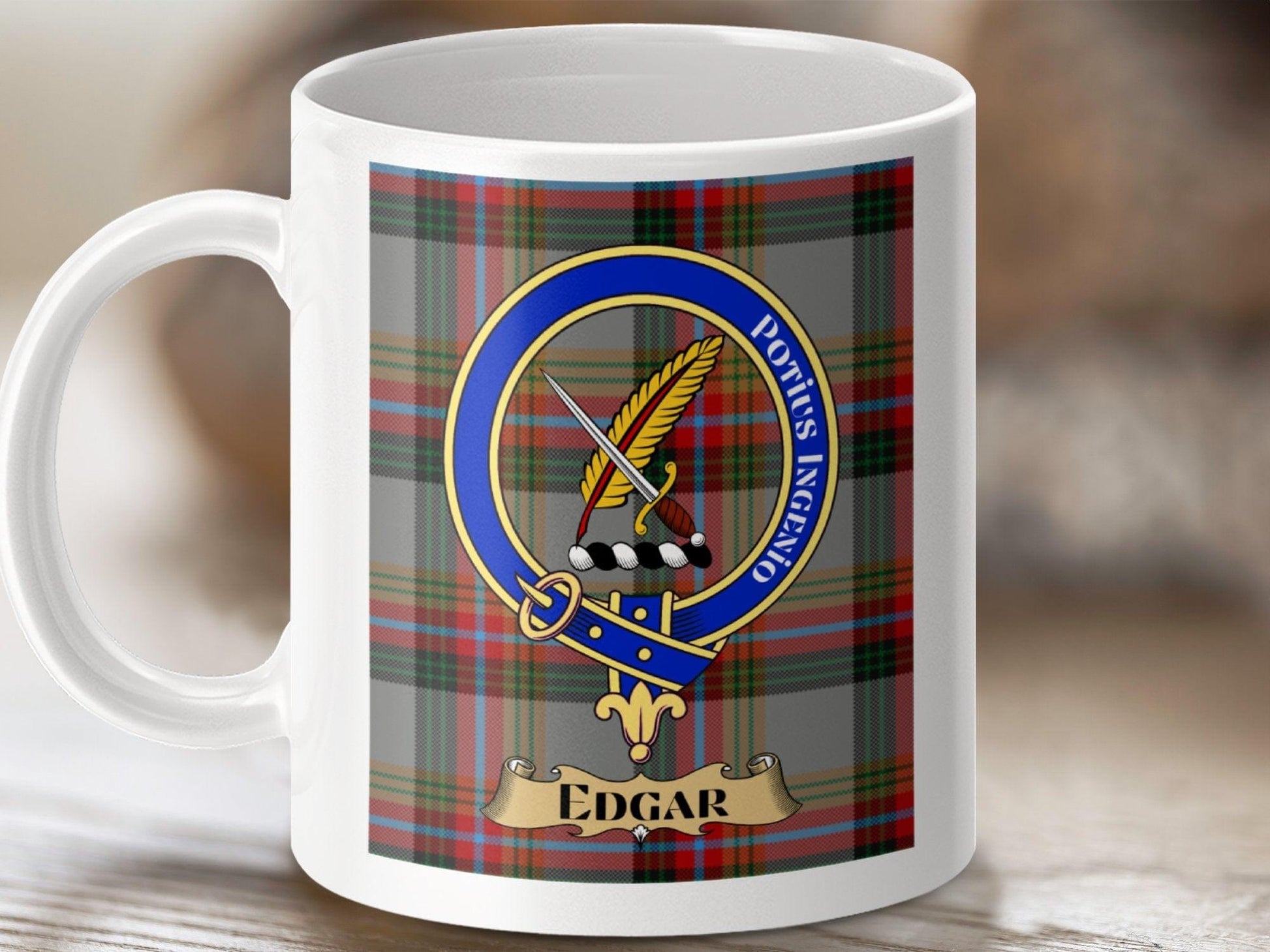 Physical Item 11oz / White Edgar Clan Scottish Tartan Crest Mug