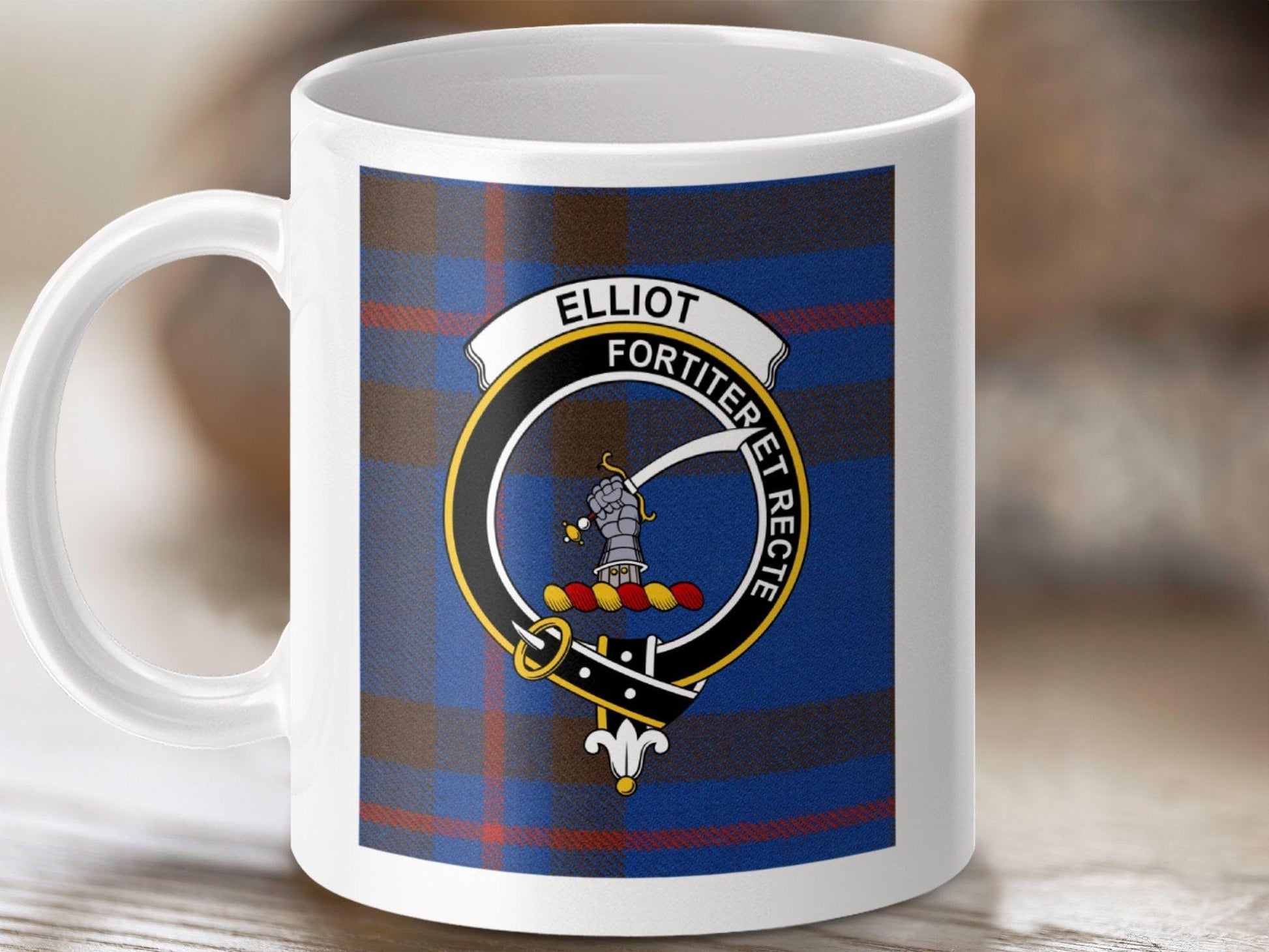 Physical Item 11oz / White Elliot Clan Scottish Tartan Crest Mug