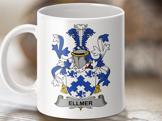 Physical Item 11oz / White Ellmer Surname Irish Heraldry Ceramic Mug