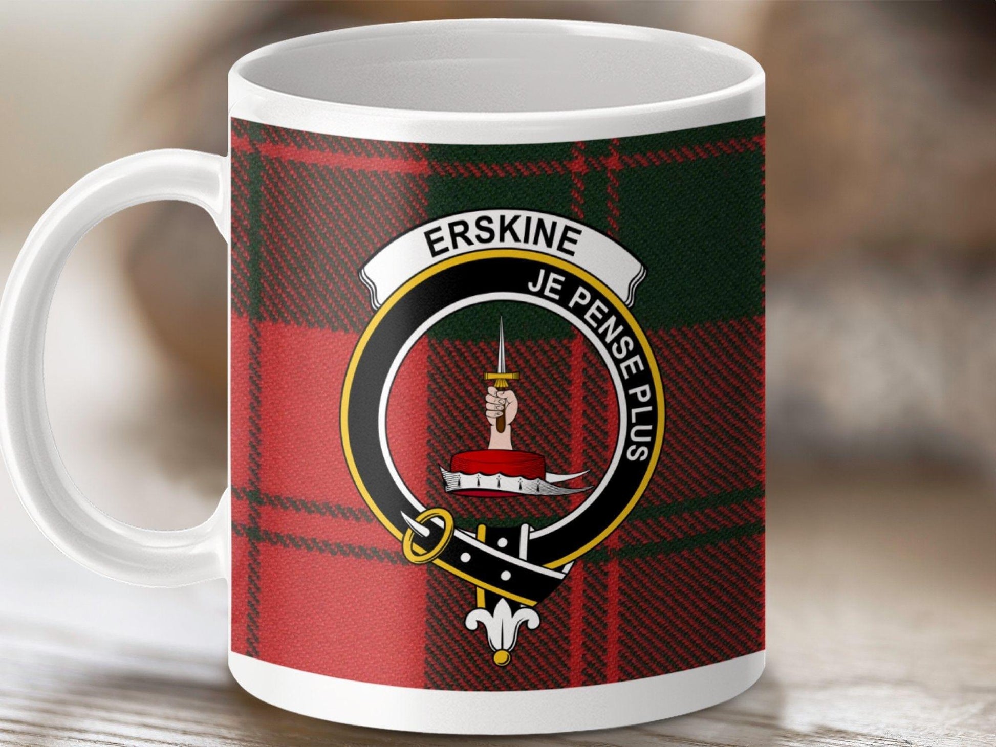 Physical Item 11oz / White Erskine Clan Je Pense Plus Tartan Design Mug