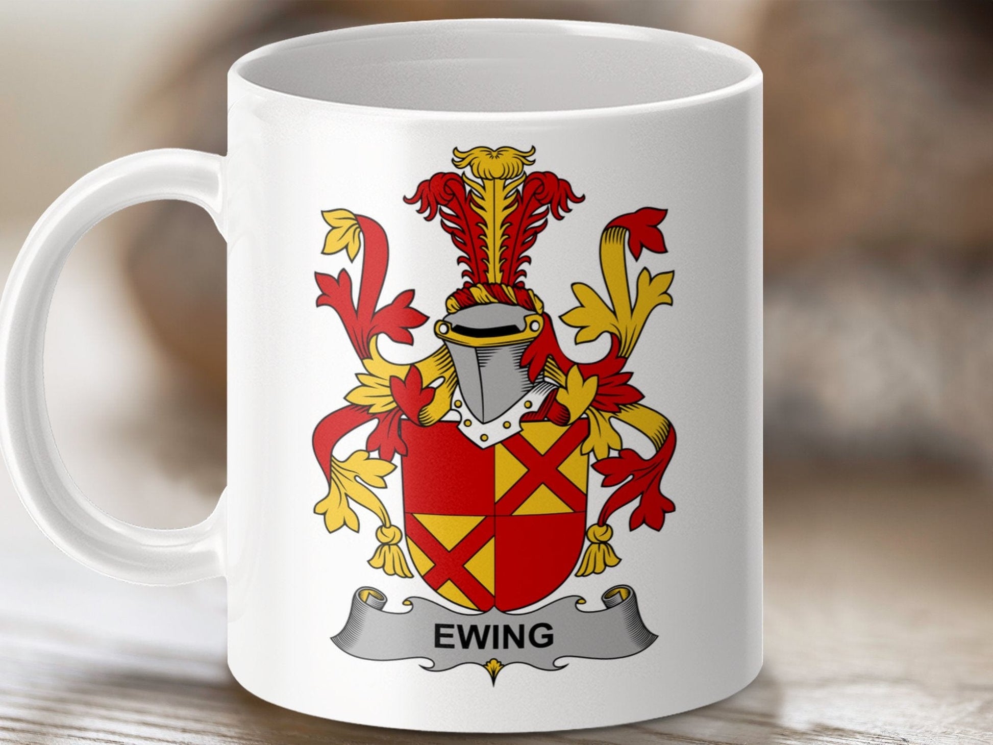 Physical Item 11oz / White Ewing Surname Irish Heraldry Ceramic Mug