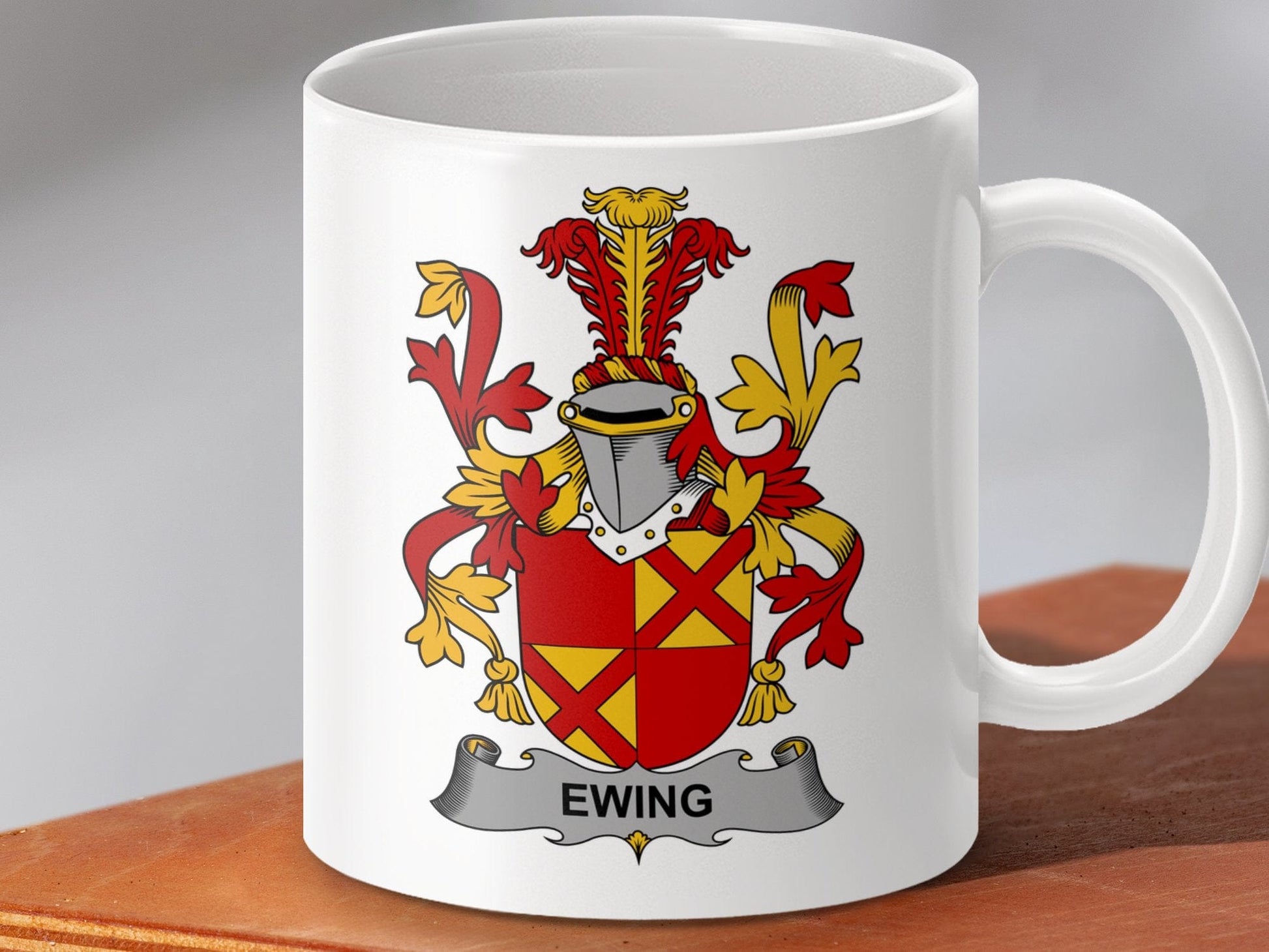 Physical Item 11oz / White Ewing Surname Irish Heraldry Ceramic Mug