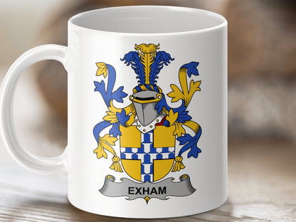 Physical Item 11oz / White Exham Surname Irish Heraldry Ceramic Mug