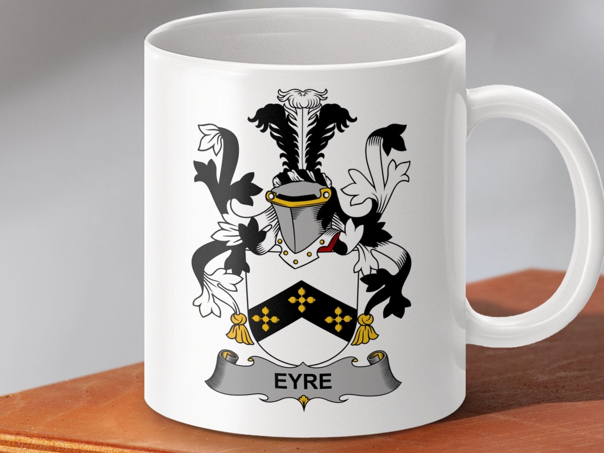 Physical Item 11oz / White Eyre Surname Irish Coat of Arms Ceramic Coffee Mug