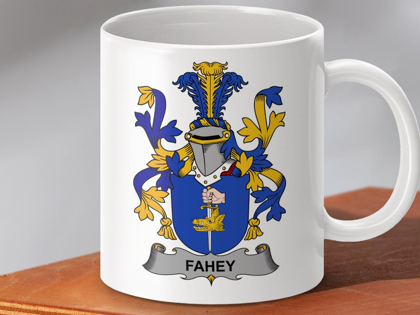 Physical Item 11oz / White Fahey Surname Irish Heraldry Ceramic Mug