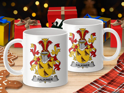 Physical Item 11oz / White Falkiner Surname Irish Heraldry Ceramic Mug