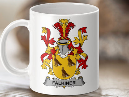 Physical Item 11oz / White Falkiner Surname Irish Heraldry Ceramic Mug