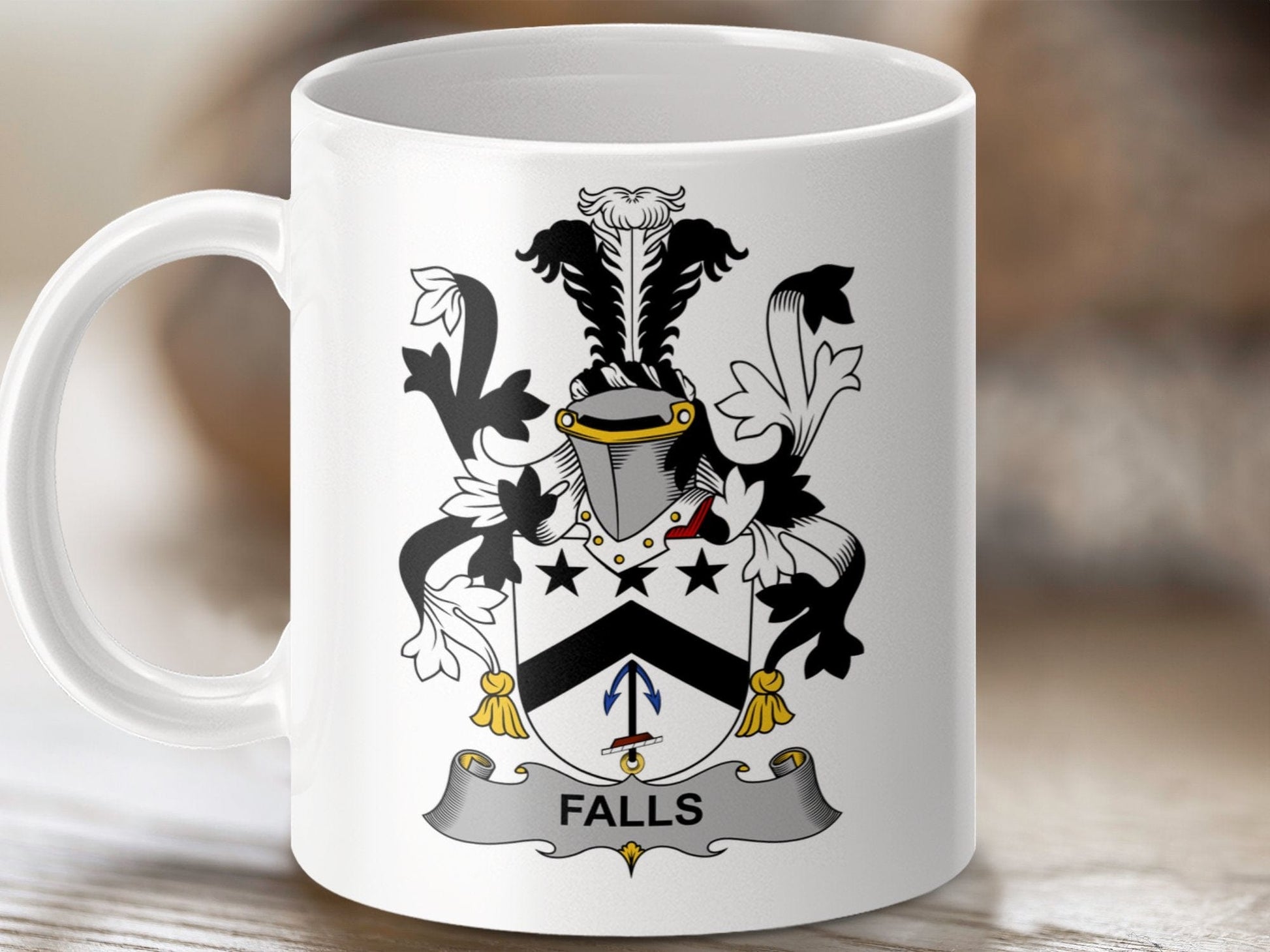 Physical Item 11oz / White Falls Surname Irish Heraldry Family Crest Coat of Arms Mug