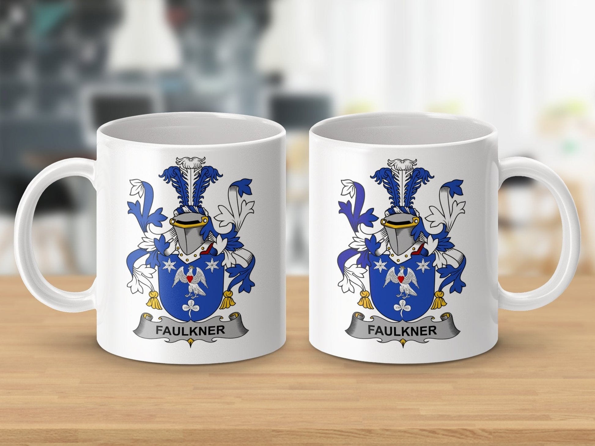 Physical Item 11oz / White Faulkner Surname Irish Heraldry Premium Coffee Mug