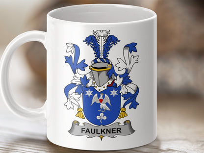 Physical Item 11oz / White Faulkner Surname Irish Heraldry Premium Coffee Mug