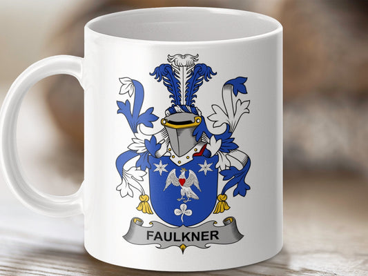 Physical Item 11oz / White Faulkner Surname Irish Heraldry Premium Coffee Mug